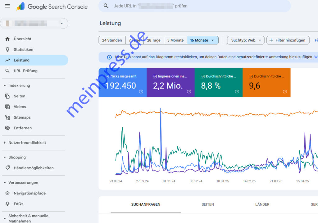 So sieht eine meiner Websites aus: Reine SEO-Arbeit mit 192.450 Klicks und 2,2 Millionen Impressionen in 16 Monaten